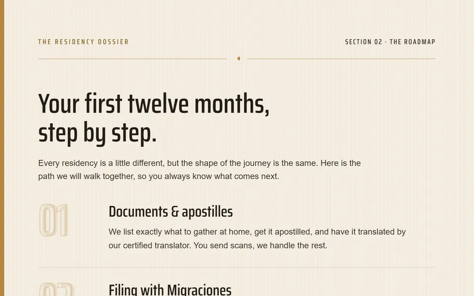 Client dossier interior page: the first twelve months, step by step.