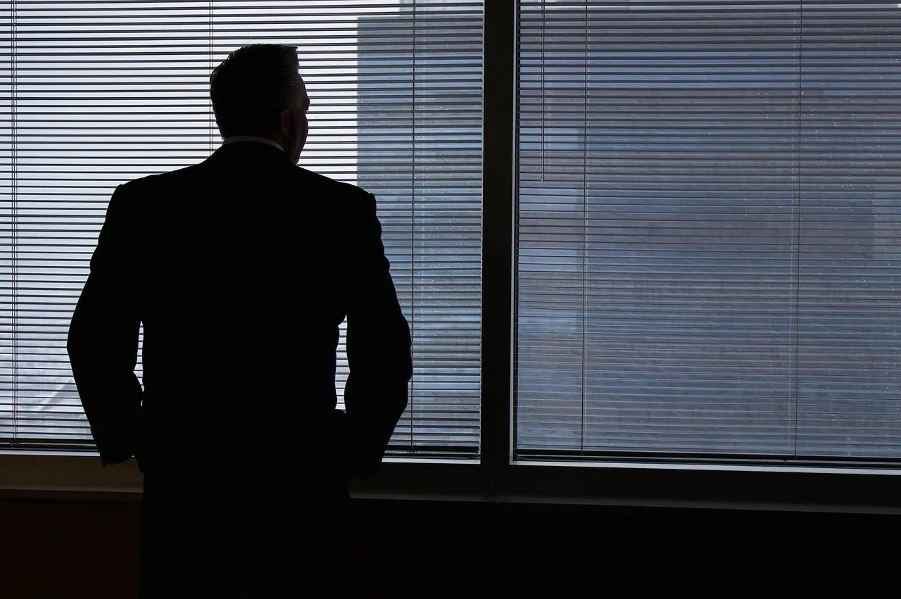 Silhouette of a man in a suit seen from behind, looking out of a window with half-closed blinds.