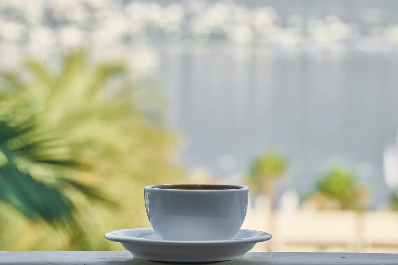 A white coffee cup on a balcony ledge with a softly blurred lake and palm fronds beyond.