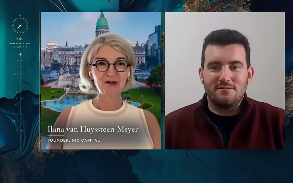 The interview: Ilana van Huyssteen-Meyer and Martin Hecht, both frames mounted in gold, the compass set on Buenos Aires.
