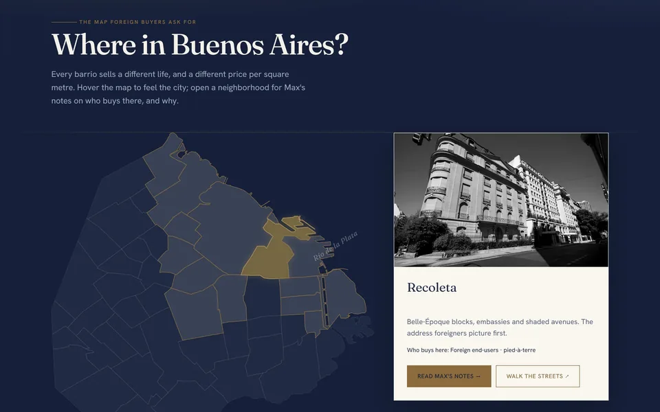 Neighborhoods page: an interactive map of Buenos Aires, with Recoleta open.