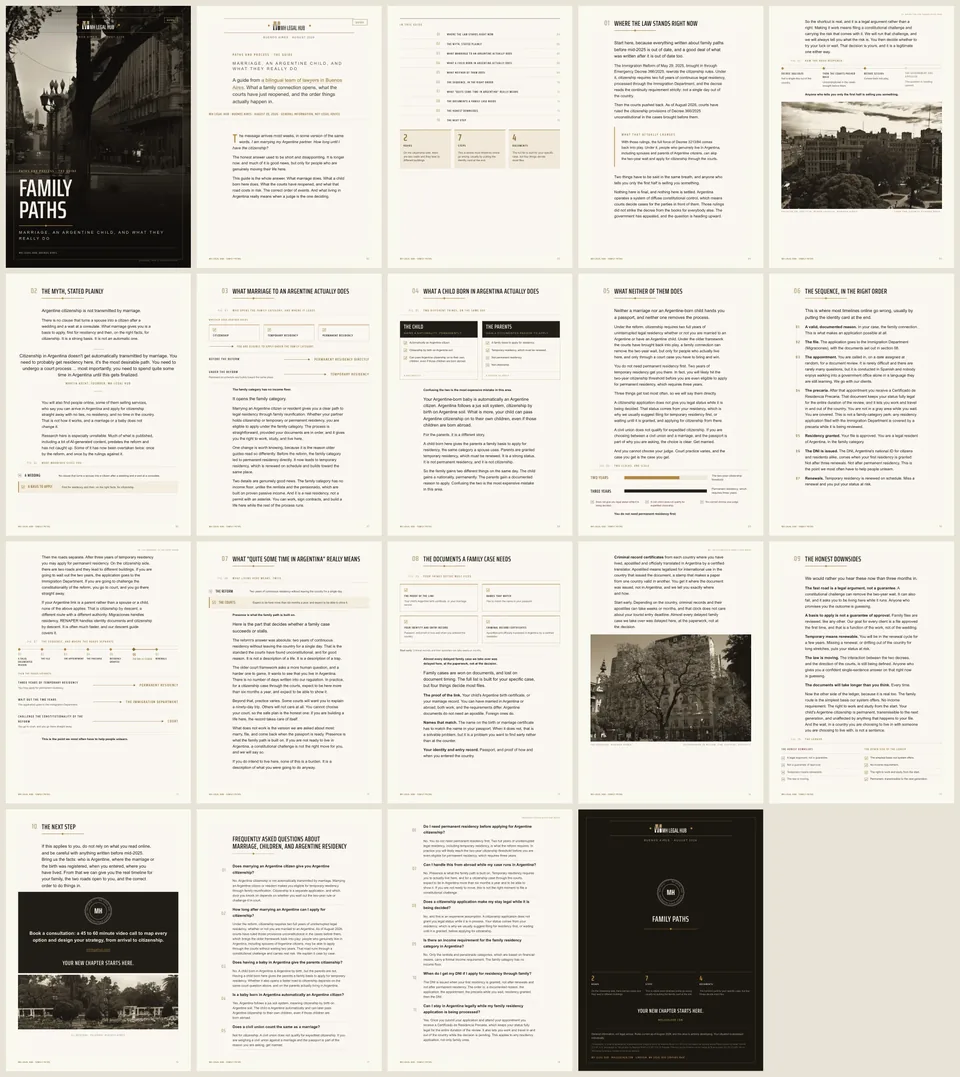 Family Paths, a 19-page guide on marriage, an Argentine child and the residency and citizenship routes they open.