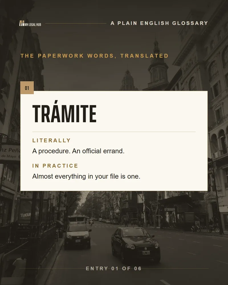 Carousel opener: a plain English glossary of the paperwork words, starting with trámite.
