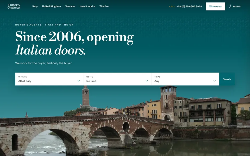 New homepage: since 2006, opening Italian doors, with the property search up front.