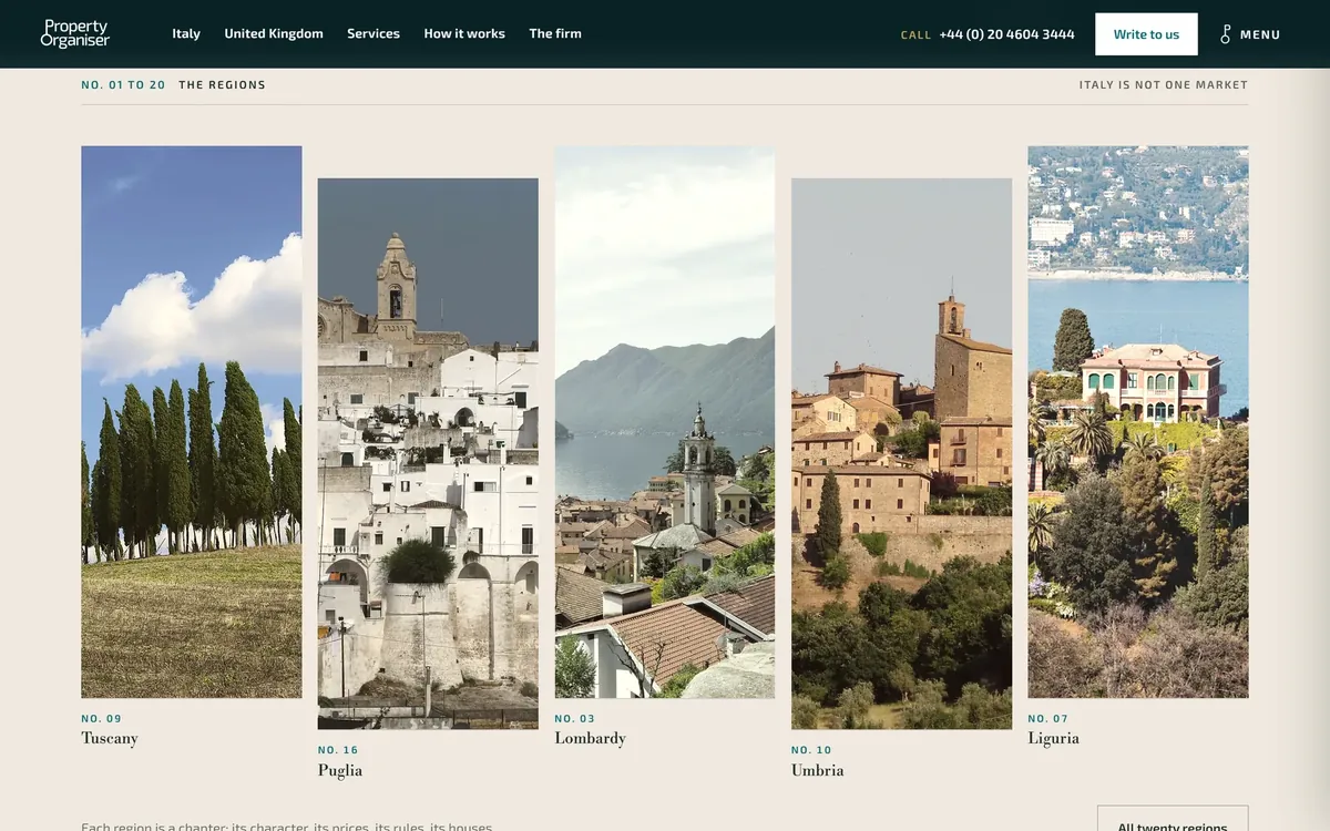 Homepage: the twenty Italian regions, each one a chapter.
