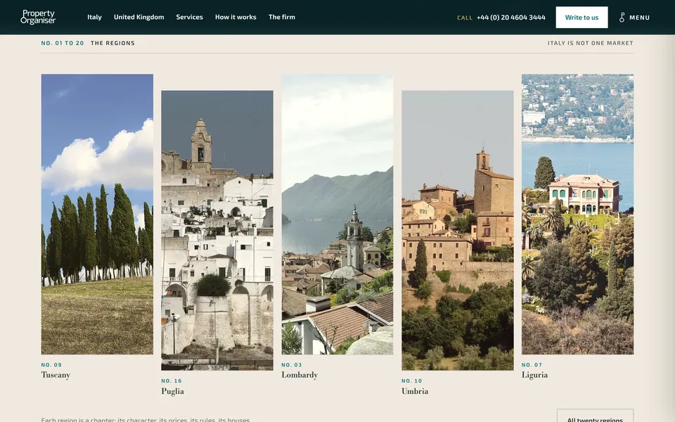 Homepage: the twenty Italian regions, each one a chapter.