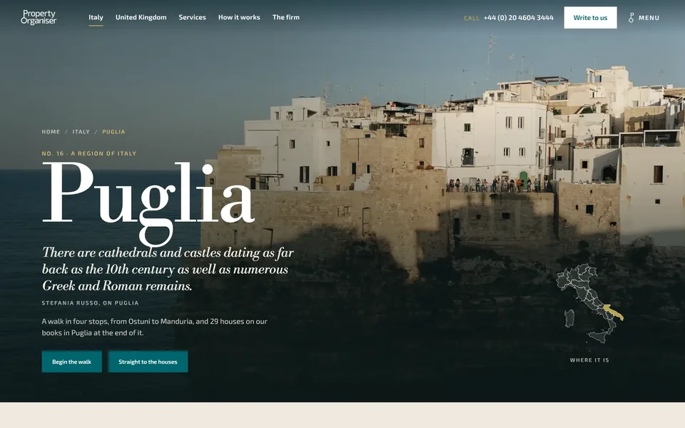 Region page for Puglia: a walk in four stops, from Ostuni to Manduria.