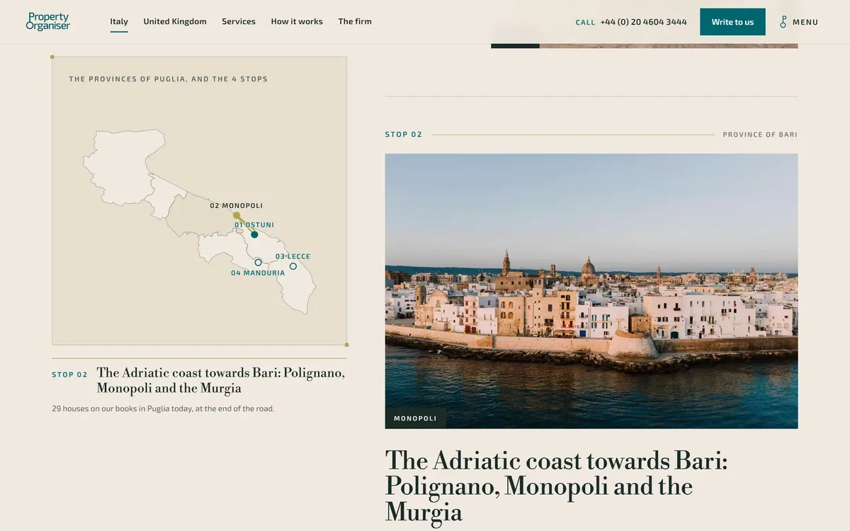 Puglia region page: the province map follows the reader down the coast to Monopoli.