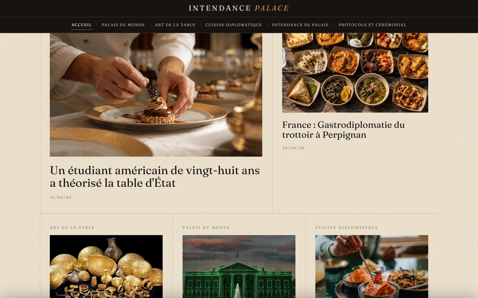 Homepage grid: features across palaces, state tables and diplomatic cuisine.