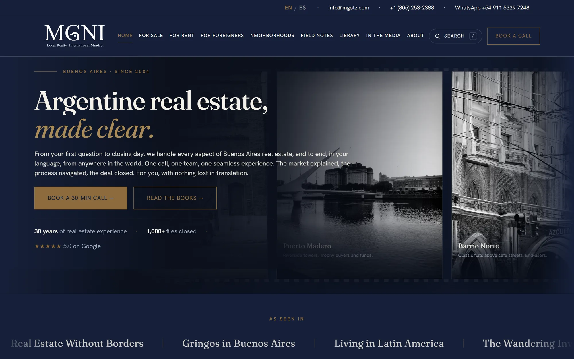 mgotz.com homepage: Argentine real estate, made clear, with the neighborhood film strip.