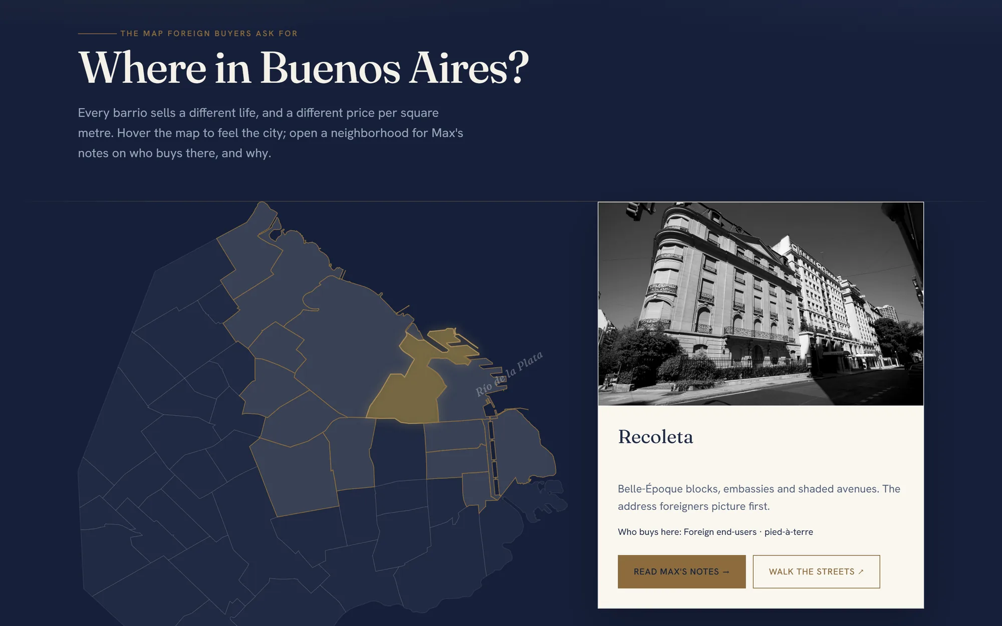 Neighborhoods page: an interactive map of Buenos Aires, with Recoleta open.