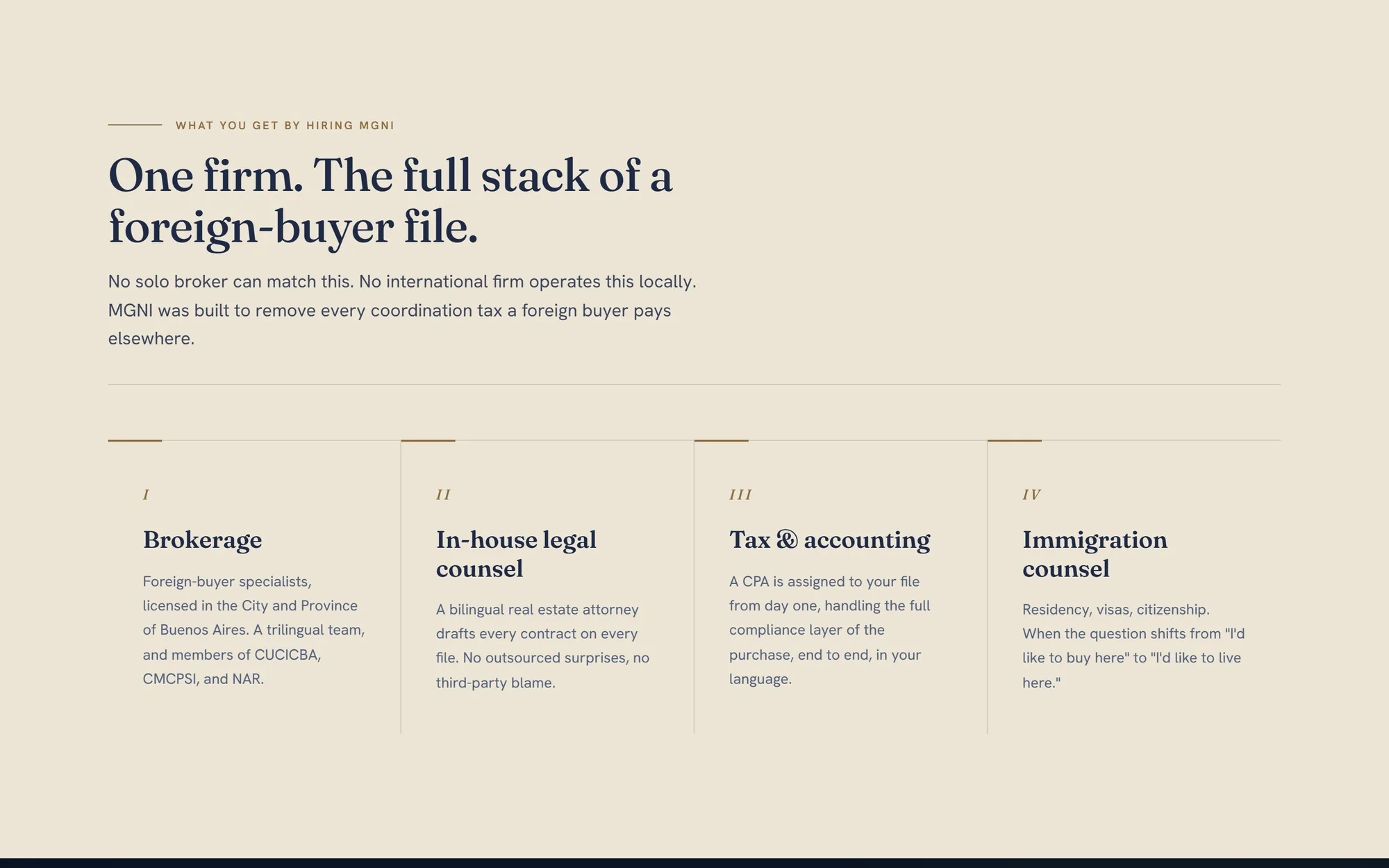 One firm, the full stack of a foreign-buyer file: brokerage, legal, tax and immigration.