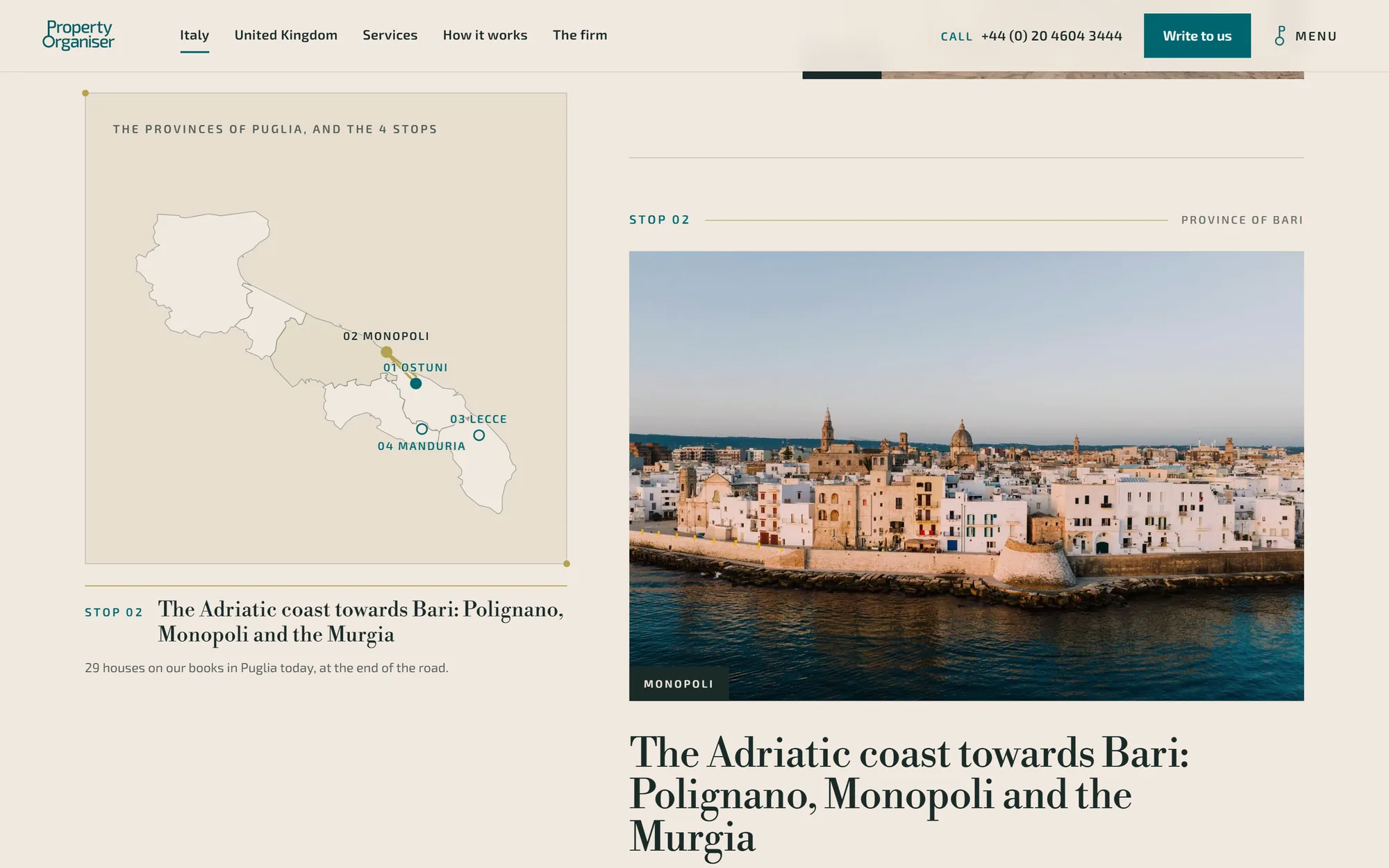 Puglia region page: the province map follows the reader down the coast to Monopoli.