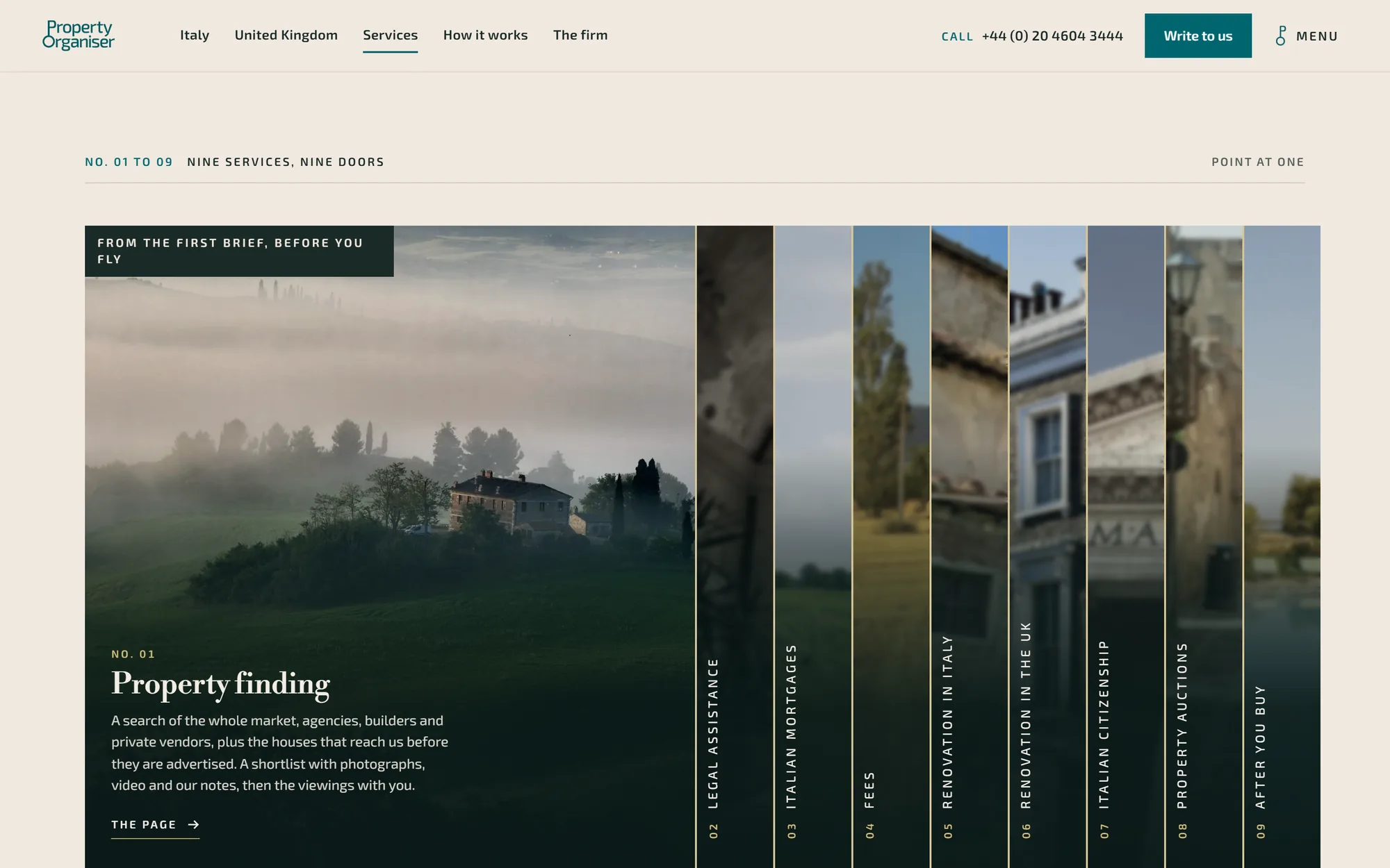 Services page: nine services, nine doors. Pointing at one opens it.